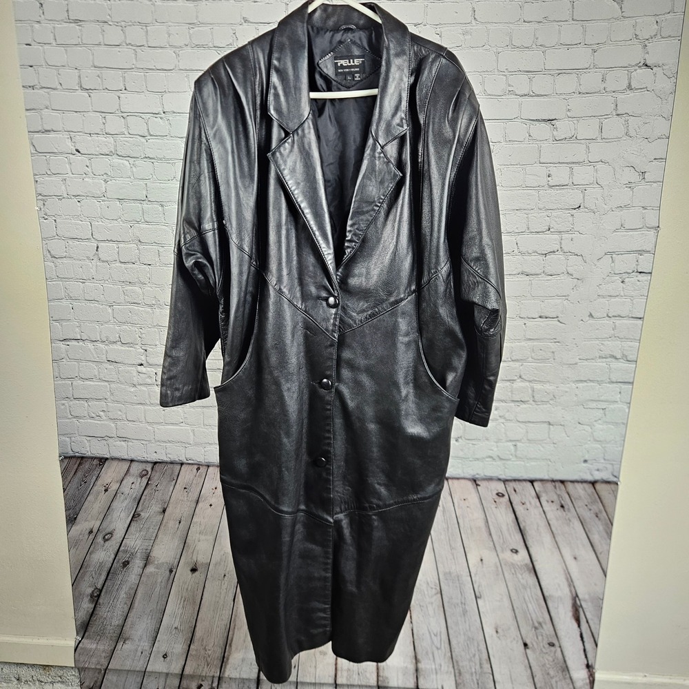 Pelle New York Milano Black Leather Trench Coat Long Jacket Mens Large Vintage